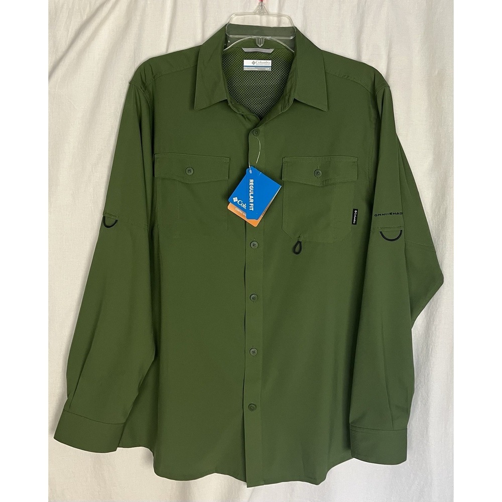 Columbia Omni Shade Sun Protection Mens S Long Sleeve Shirt Canteen Green NWT